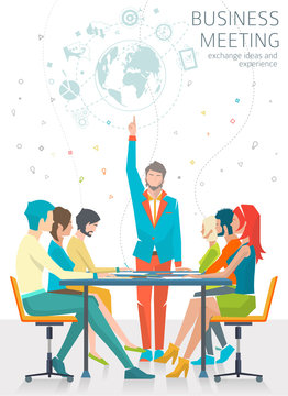 Concept of business meeting / leadership / exchange ideas and experience / coworking people / collaboration and discussion / vector illustration