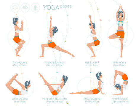 Concept of healthy lifestyle / young woman practices yoga / yoga meditation / set of poses / vector illustration / flat style