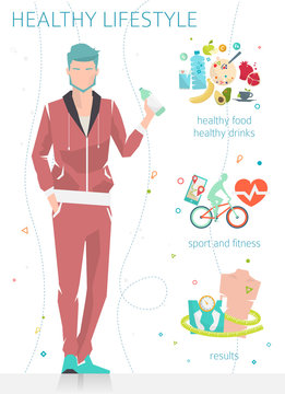 Concept of healthy lifestyle / young man with his good habits / fitness, healthy food, metrics / vector illustration / flat style