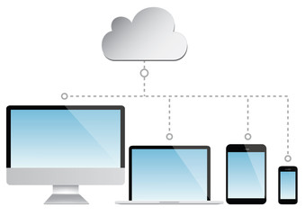 cloud computing illustration - laptop, computer, mobile phone, notepad