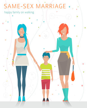 Concept of same-sex marriage. Happy family is going for a walk. Two  mothers and son. Flat vector illustration.