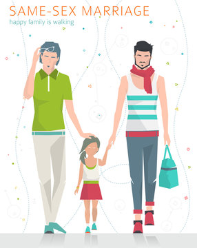 Concept of same-sex marriage. Happy family is going for a walk. Two  fathers and daughter. Flat vector illustration.