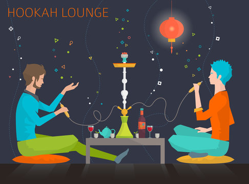 Young people are sitting around table in hookah lounge and telling stories. Weekend and recreation. Flat vector illustration.