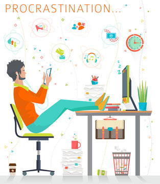 Concept of procrastination. Worker shelves his business. Flat vector illustration.