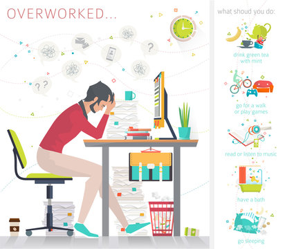 Concept of overworked man. Man has burned out on his workplace because of many tasks and deadlines. Tips what to do in oder to recover strength. Flat vector illustration.