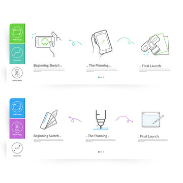 Set of two homepage templates for personal or company business portfolio with concept icons. 