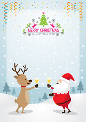 Santa Claus and Reindeer Drinking Champagne, Frame and Background, Merry Christmas and Happy New year