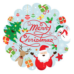 Fototapeta na wymiar Christmas Characters Label, Santa Claus, Snowman, Tree, Reindeer