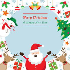 Fototapeta na wymiar Christmas Characters Frame, Santa Claus, Snowman, Tree, Reindeer