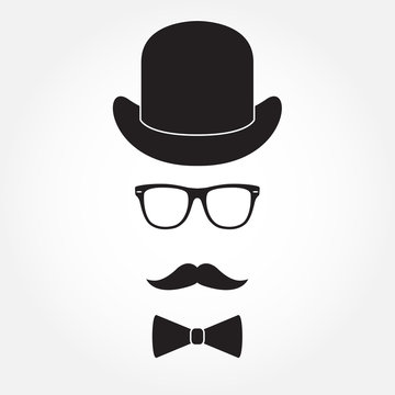 Old fashioned gentleman accessories icons set: hat, glasses, mustache and bowtie. Retro hipster style. Vector illustration.