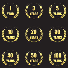 Anniversary laurel wreath icon set. Gold anniversary symbols. Template for congratulation design. Vector illustration.