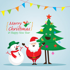 Santa Claus, Snowman, and Tree Characters, Merry Christmas and Happy New year