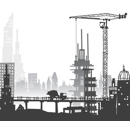 Naklejka premium Building construction city in the city. Illustration with roads and transport units
