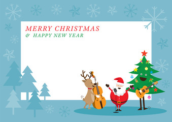 Santa Claus, Snowman, Reindeer, Playing Music Frame, Characters, Merry Christmas and Happy New year