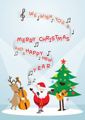 Santa Claus, Snowman, Reindeer, Playing Music, Sing a Song, Characters, Merry Christmas and Happy New year