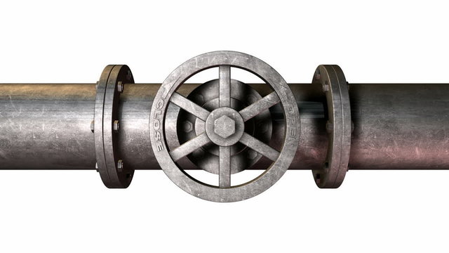 A metal shutoff valve wheel turning into the on position and attached to a metal pipe with bolts on an isolated background