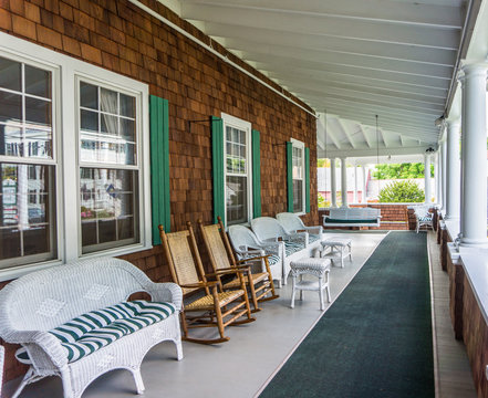classic front porch of historic hotel
