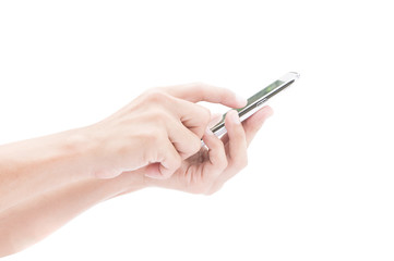 Hands holding smart phone on white background , clipping path 