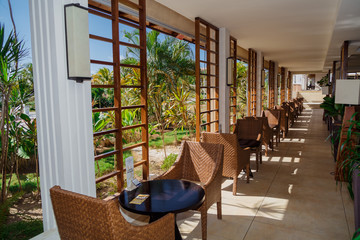 Cayo Coco island, Memories Flamenco,Cuba Sep 2, 2015, fragment of view of beautiful stylish gorgeous lobby open air cafe bar near tropical garden