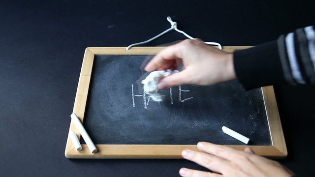 hands deleting the word "hate" and writing the word "love" on chalkboard