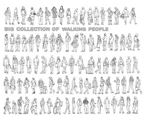 Silhouettes of walking people, caring bags, talking on the phone etc. Sketch collection
