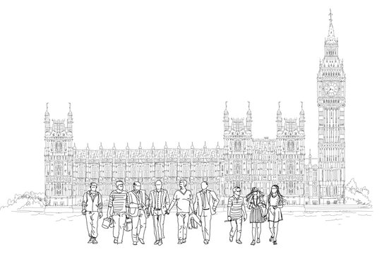 Big Ben and Houses of Parliament with tourists silhouettes, London UK. Sketch collection
