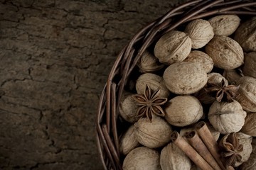 walnuts cinnamon and anise in a basket