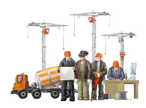Builders on the building site. Industrial illustration with workers, cranes and concrete mixer machine