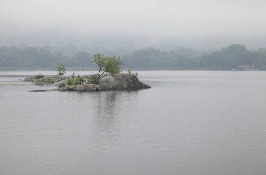 Small Island In Fog On Cranberry Lake, New Jersey