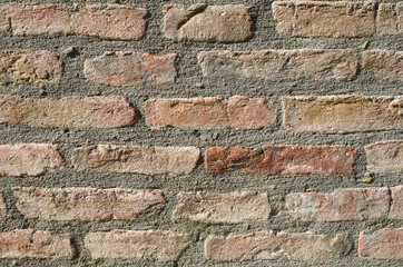 Wall of old brick house closeup
