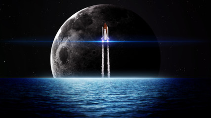 Rising moon over sea. Elements of this image furnished by NASA