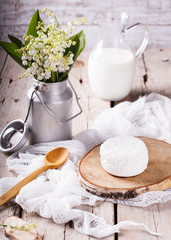 Homemade cottage cheese, selective focus