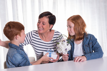 Fototapeta premium two redhaired kids giving a present to their mother