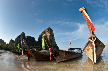 Several Long tail boat  at the beach in Railay Beach Thailand