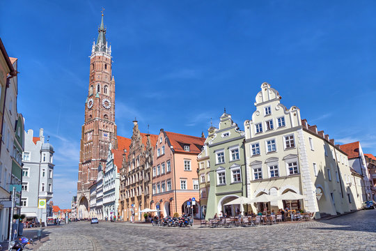 Colorful houses and Cathedral of St. Martin in Landshut