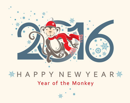 Cute card with Monkey in circle. 2016 New Year's design. 
