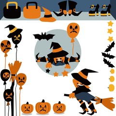 Vector set of characters and icons for Halloween. Witch, pumpkin, bat  and other items on Halloween.