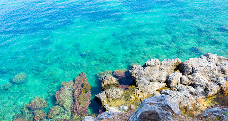 Naklejka na ściany i meble Underwater sea background. Blue transparent turquoise water.