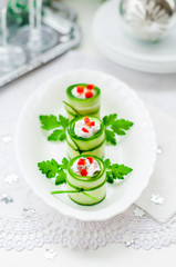 Cucumber Rolls Stuffed with Feta, Herbs, Capsicum and Black Oliv