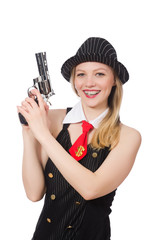 Gangster woman with handgun on white