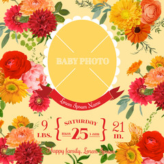 Baby Arrival Card - with Photo Frame and Floral Blossom Design 