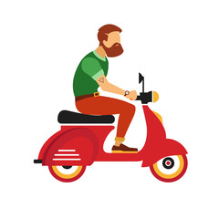 Fototapeta premium hipster young bearded man character with retro red scooter on the white background