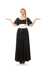Fototapeta premium Tall woman in long black dress isolated on white