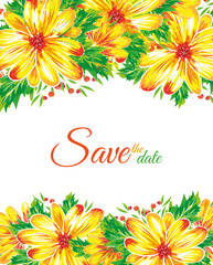 Vector wedding invitation card with vintage hand drawn flowers. Save the date flowering asters blossom floral postcard. Yellow flowers with green leaves frame
