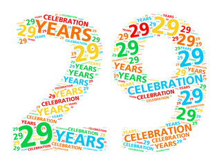 Colorful word cloud for celebrating a 29 year birthday or anniversary