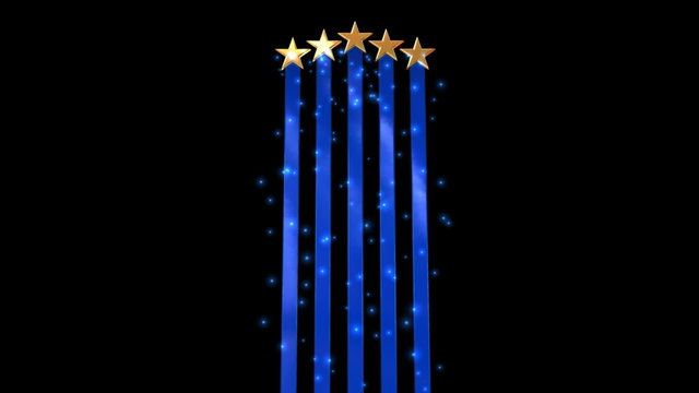 Five blue stripes tipped with stars animating into screen with a swooshing gold soccer ball and banner added to it on an isolated dark background