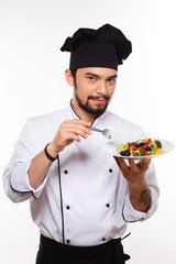 cook man happy with salad