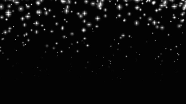 An animated scene with various sized white weightless sparkles falling randomly into the atmosphere on a dark background