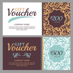 Vector gift voucher with vintage ornament background.
