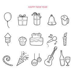 Party Decoration Outline Icons Set, Monochrome, Happy New Year, Merry Christmas, Xmas, Objects, Festive, Celebrations